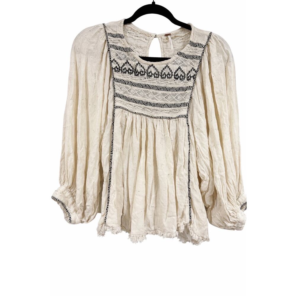 Free People Cyprus Avenue Top Medium Ivory Black Embroidered Lace Boho Western